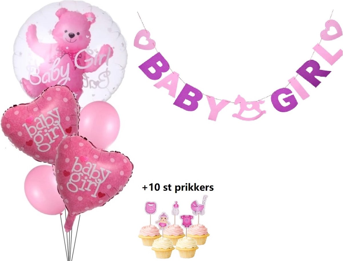 Babyshower Versiering Meisje - Roze| Set Slinger, Folieballonnen, ballonnen, prikkers - Babyshower Decoratie- Baby girl